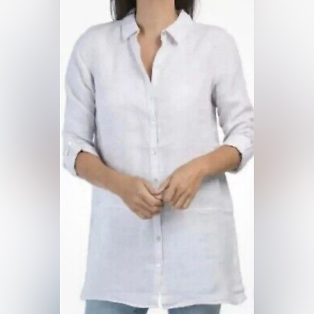 TAHARI 100% Linen Roll Tab Sleeve Button Front Tunic Top Large - Picture 7 of 9